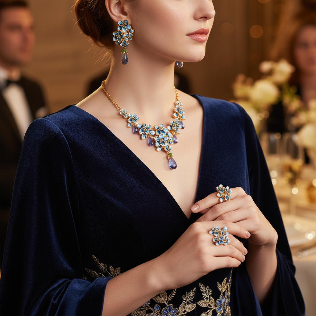 Blue waterdrop gem necklace, drop earrings, and cluster rings
