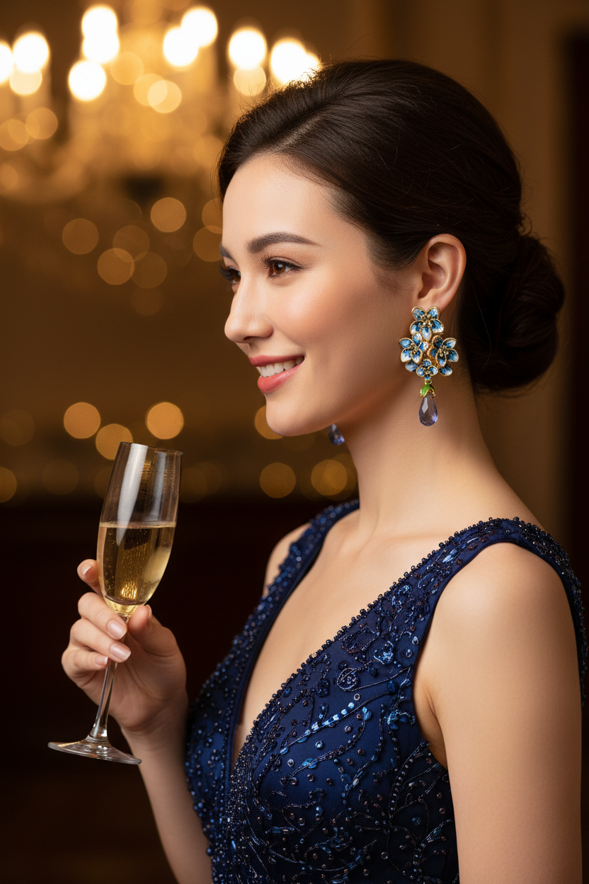 Blue floral waterdrop gem drop earrings with intricate setting