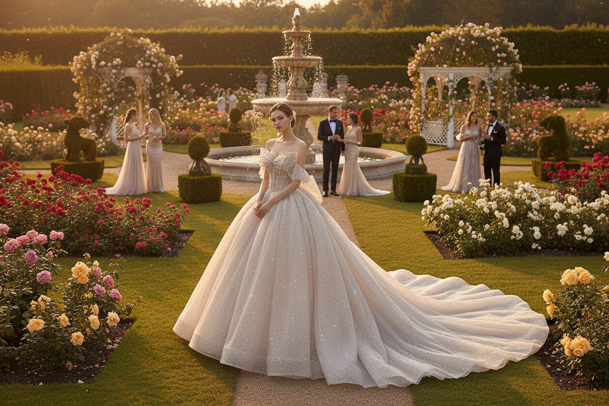Sparkly one-shoulder wedding gown with long trailing train and full A-line skirt