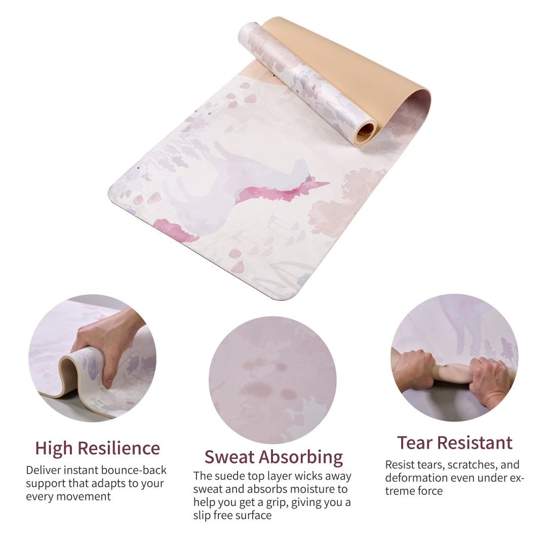 Pink floral print yoga mat with non-slip design, shown flat with detail circles