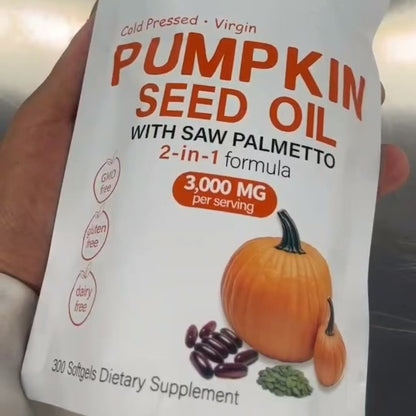 Pumpkin seed oil softgel supplement pouch with pumpkin and saw palmetto label