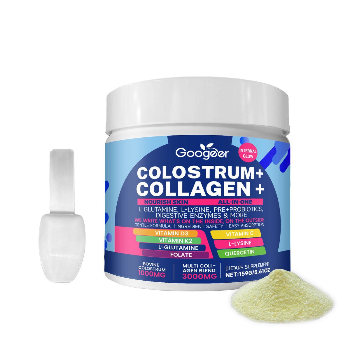 Collagen peptide powder jar with blue label, powder scoop beside it, 159g
