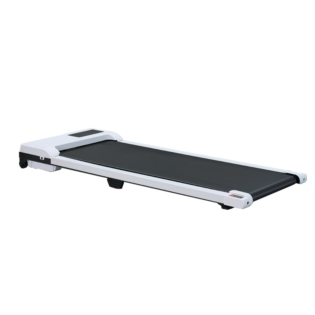 White folding walking treadmill side view with black running belt