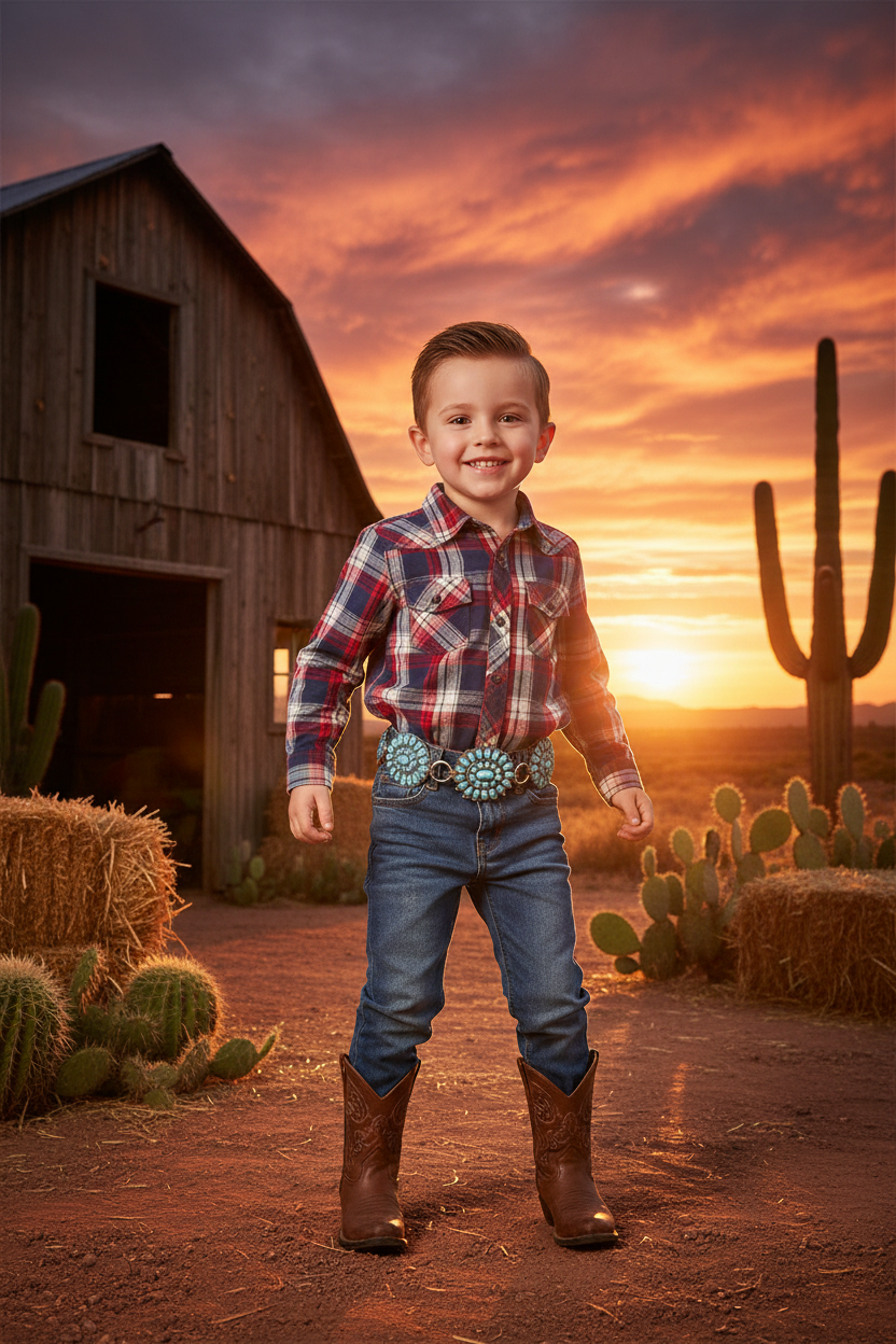 Turquoise inlay waist chain with silver concho discs on a boy’s denim outfit