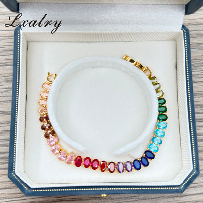 Lxalry 18K Gold Plircon Bracelet - Colorful Gem Tennis Chain For Gifting & Everyday Glam - Non-Tarnish, Hypoallergenic, Y2K Trending Jewelry