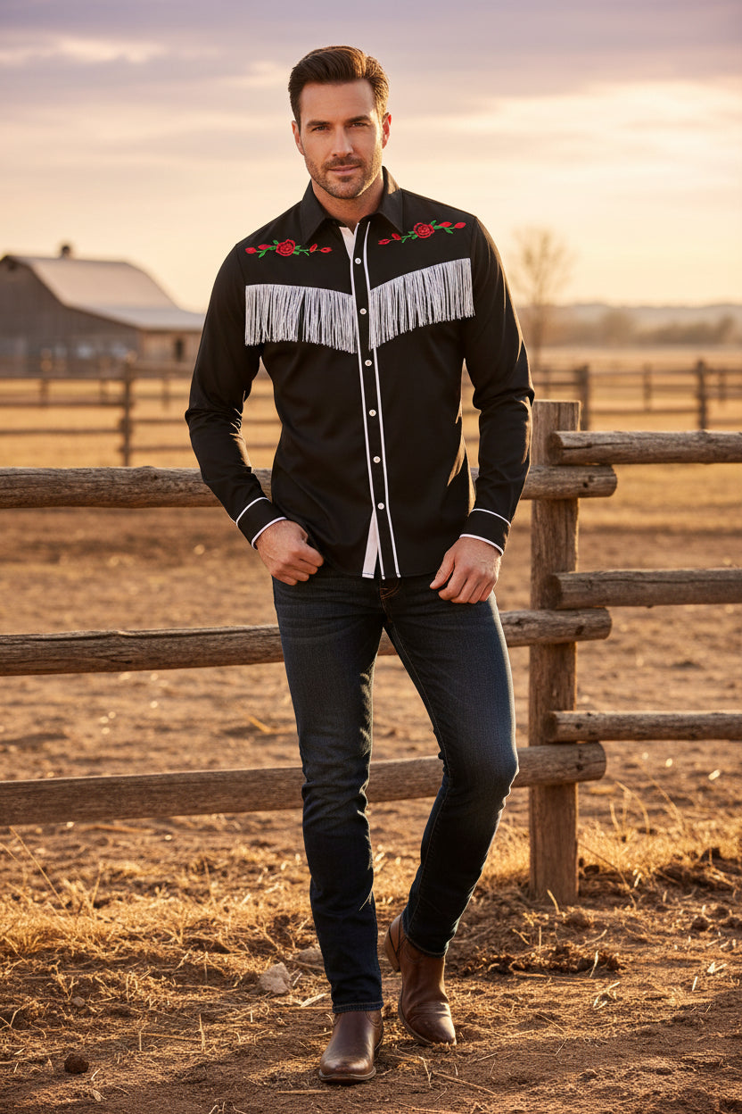 Men's long-sleeve polo collar button shirt, black with red floral yoke and fringe