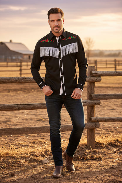 Men's long-sleeve polo collar button shirt, black with red floral yoke and fringe