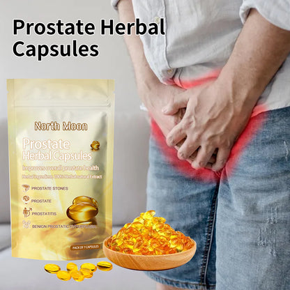 Herbal prostate supplement capsule pouch with golden capsules in a wooden spoon