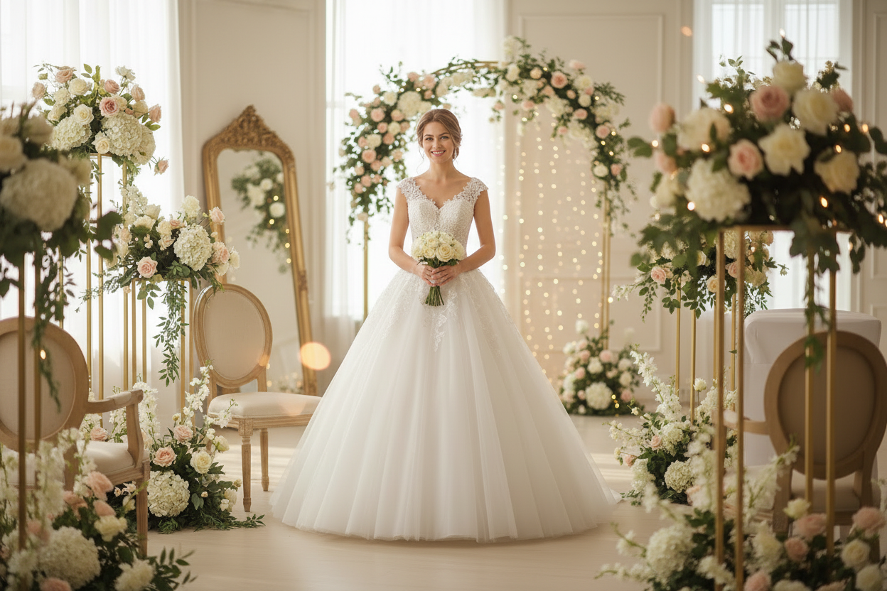 White wedding dress with lace bodice, deep V-neck, and full flared tulle skirt