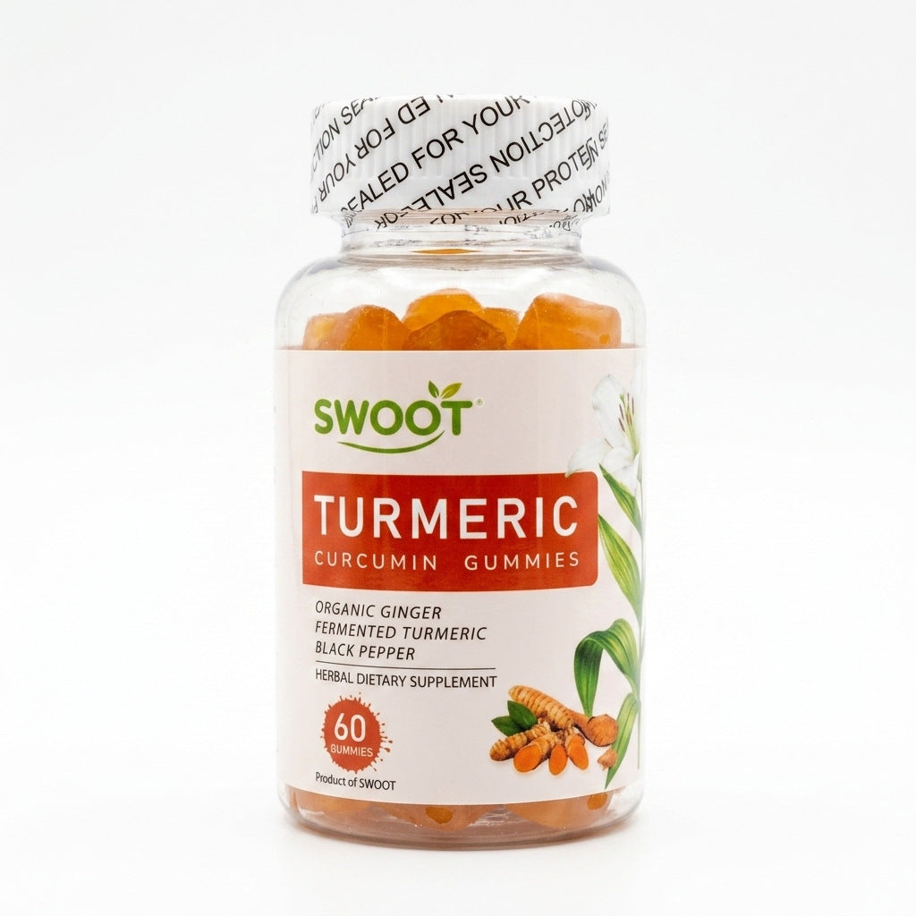 SwooT turmeric curcumin gummies bottle, clear jar with orange gummies