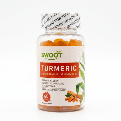 SwooT turmeric curcumin gummies bottle, clear jar with orange gummies