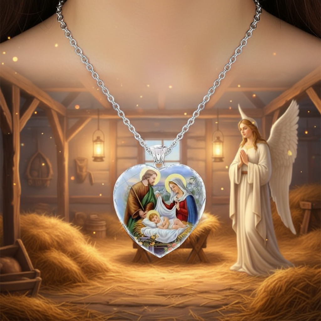 Heart-shaped crystal pendant necklace featuring a nativity image, silver chain