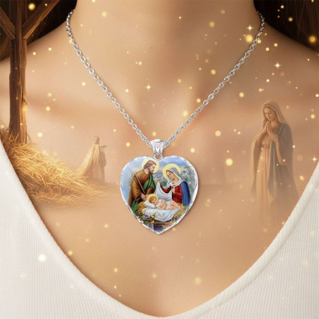 Heart-shaped crystal pendant necklace close-up on silver chain with nativity scene