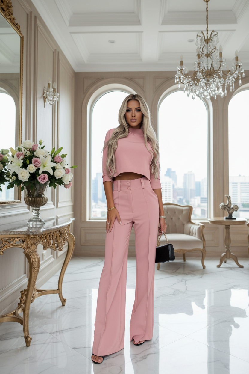 Pink women’s two-piece half-sleeve top and straight-leg pants set