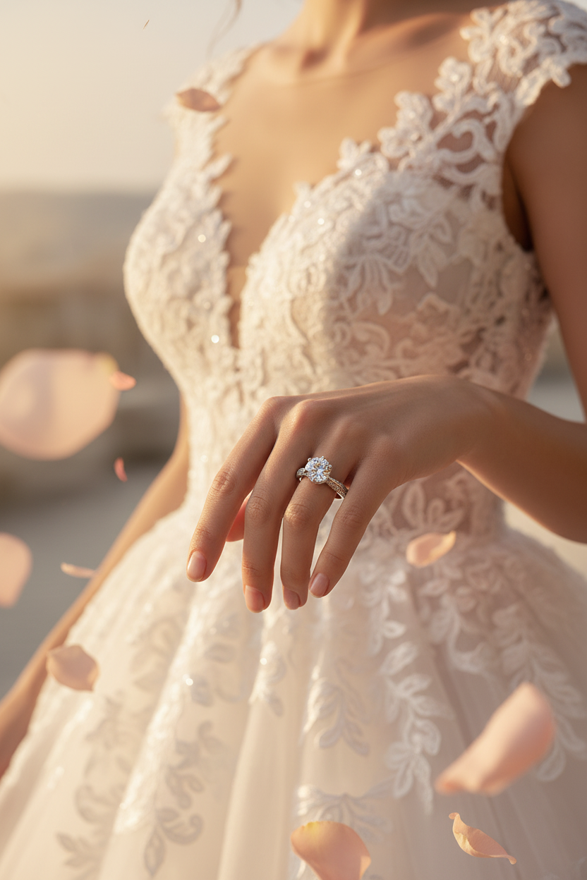 Silver moissanite diamond wedding ring on hand over lace wedding dress