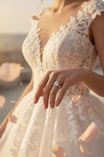 Silver moissanite diamond wedding ring on hand over lace wedding dress