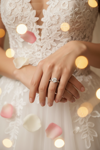 Silver moissanite diamond wedding ring on hand with round stones on lace dress