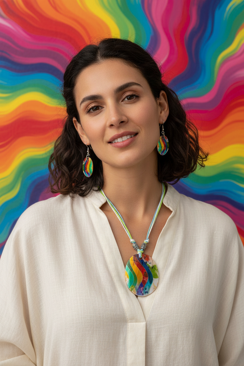 Shell necklace and earring set with teardrop multicolor pendant and matching teardrop earrings