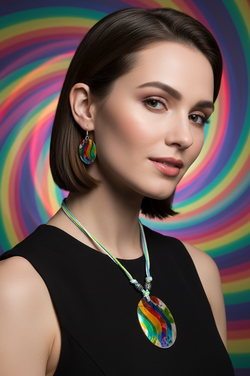 Shell necklace and earring set with large oval multicolor pendant and teardrop earrings