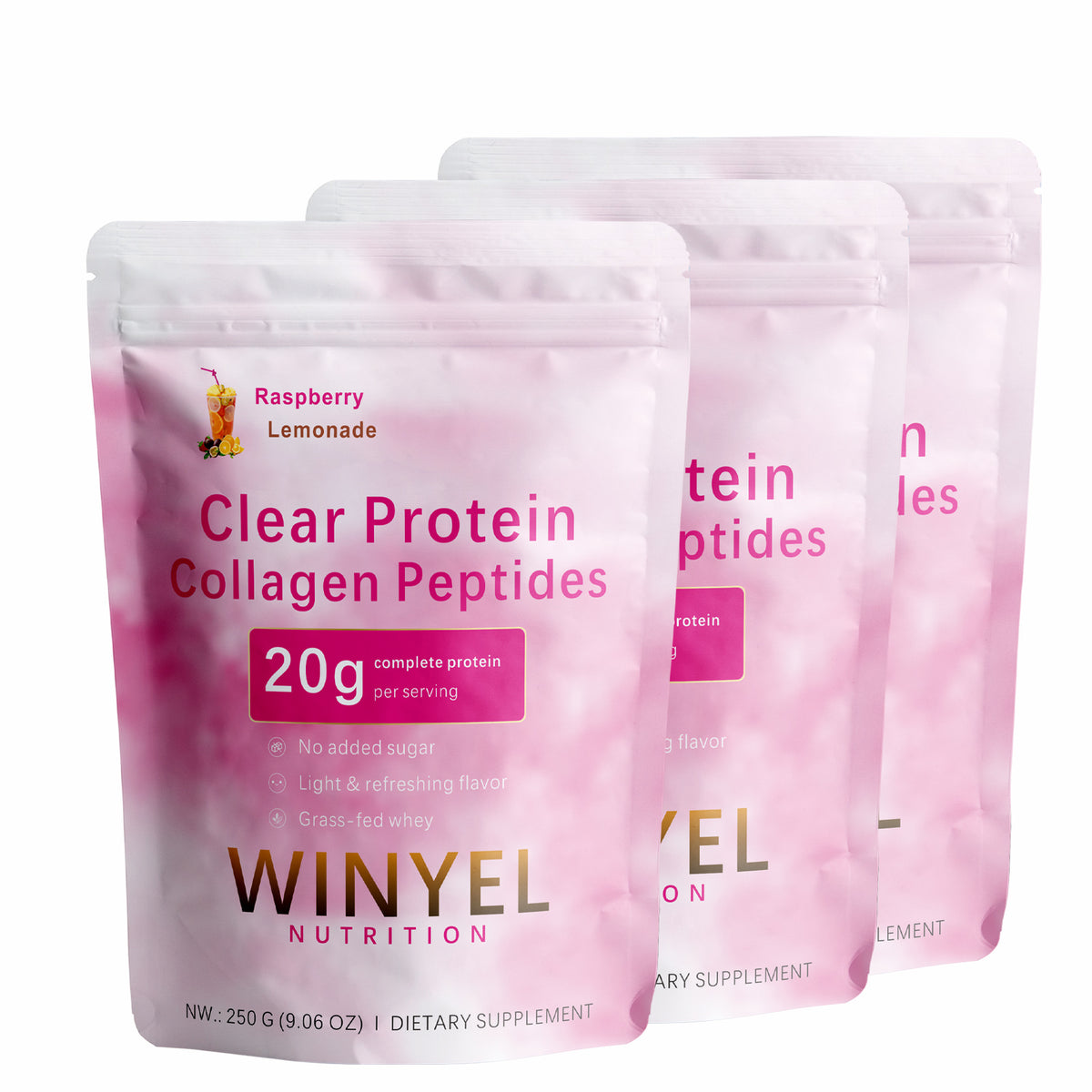 WINYEL clear protein collagen peptides multi-pack pouches, raspberry lemonade, 250 g