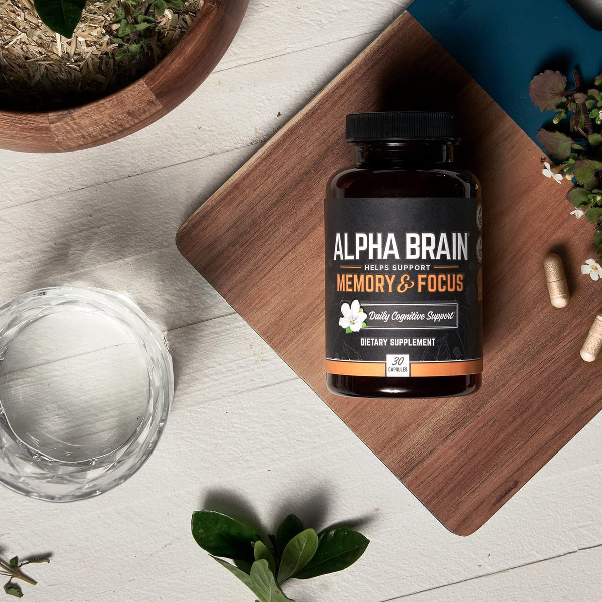 Alpha Brain Memory & Focus dietary supplement bottle, black with yellow label