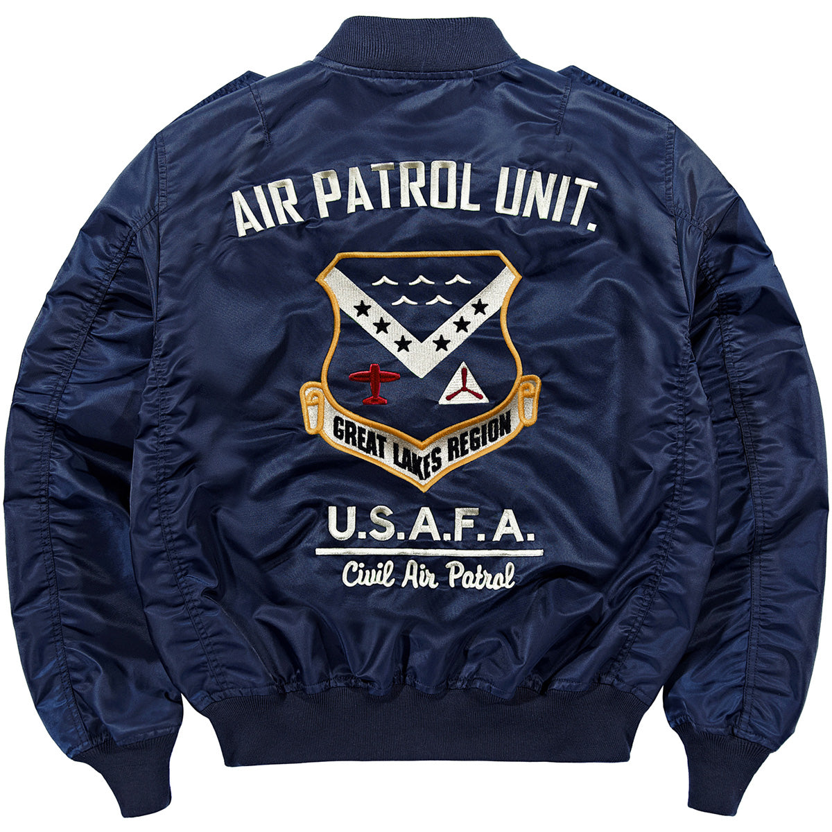 Navy bomber jacket back with large Air Patrol Unit emblem and text