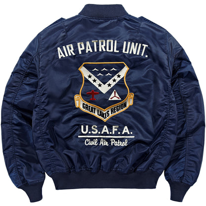 Navy bomber jacket back with large Air Patrol Unit emblem and text