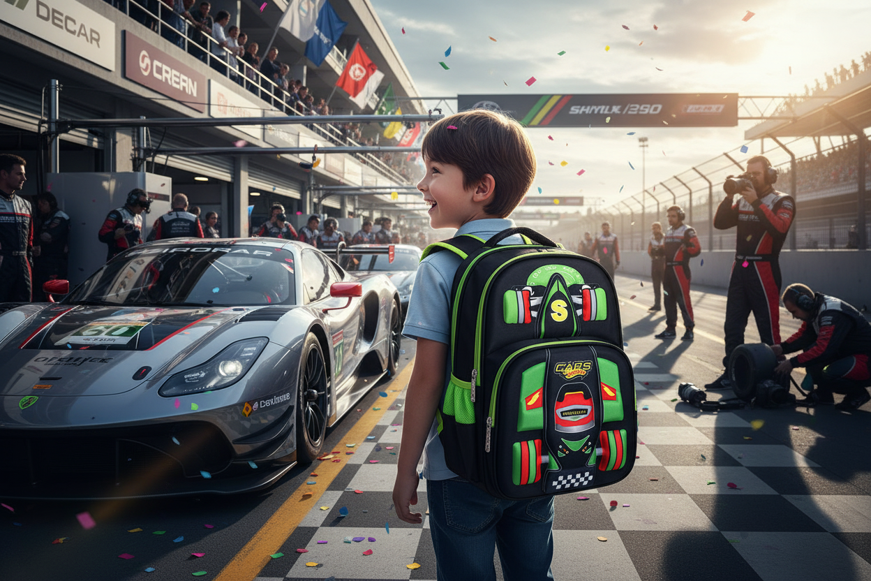 Green-and-black trolley school bag with car-themed front graphic and side wheels