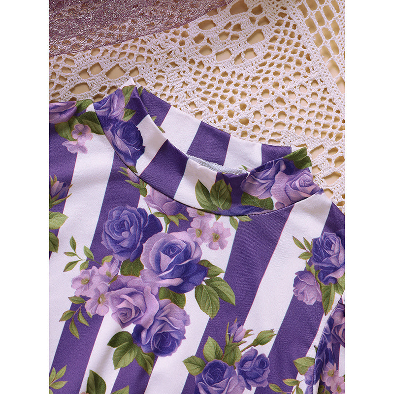 Toddler Girl Purple Rose Print Girls Outfit, Spring Fall Stripe Top With Belt Skirts Set Holiday Going Out Clothes