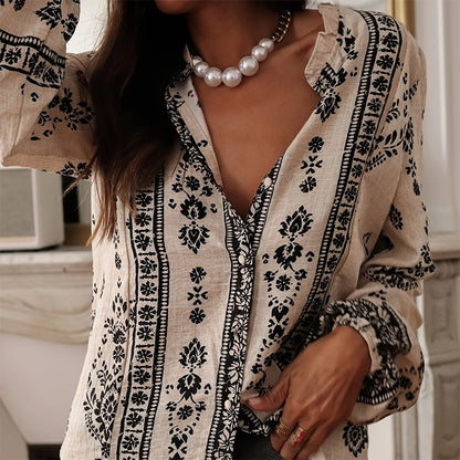 Women's Elegant Printed Blouse - Flowy Boho Shirt With Lantern Sleeves & Lace Trim, Vintage Ethnic Style Loose Top