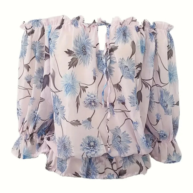 Womens Summer Off Shoulder Blouse Floral Print Ruffle Sleeve Casual Chiffon Tops Shirts