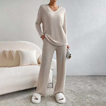 Women's 2-Piece Set Solid Color V-Neck Long Sleeve Top & Straight Leg Pants, Ribbed Texture Outfit