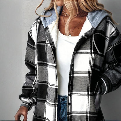 Women's Plaid Drawstring Hoodie Long Sleeve Shirt Button Front Casual Tops Minimalist Style