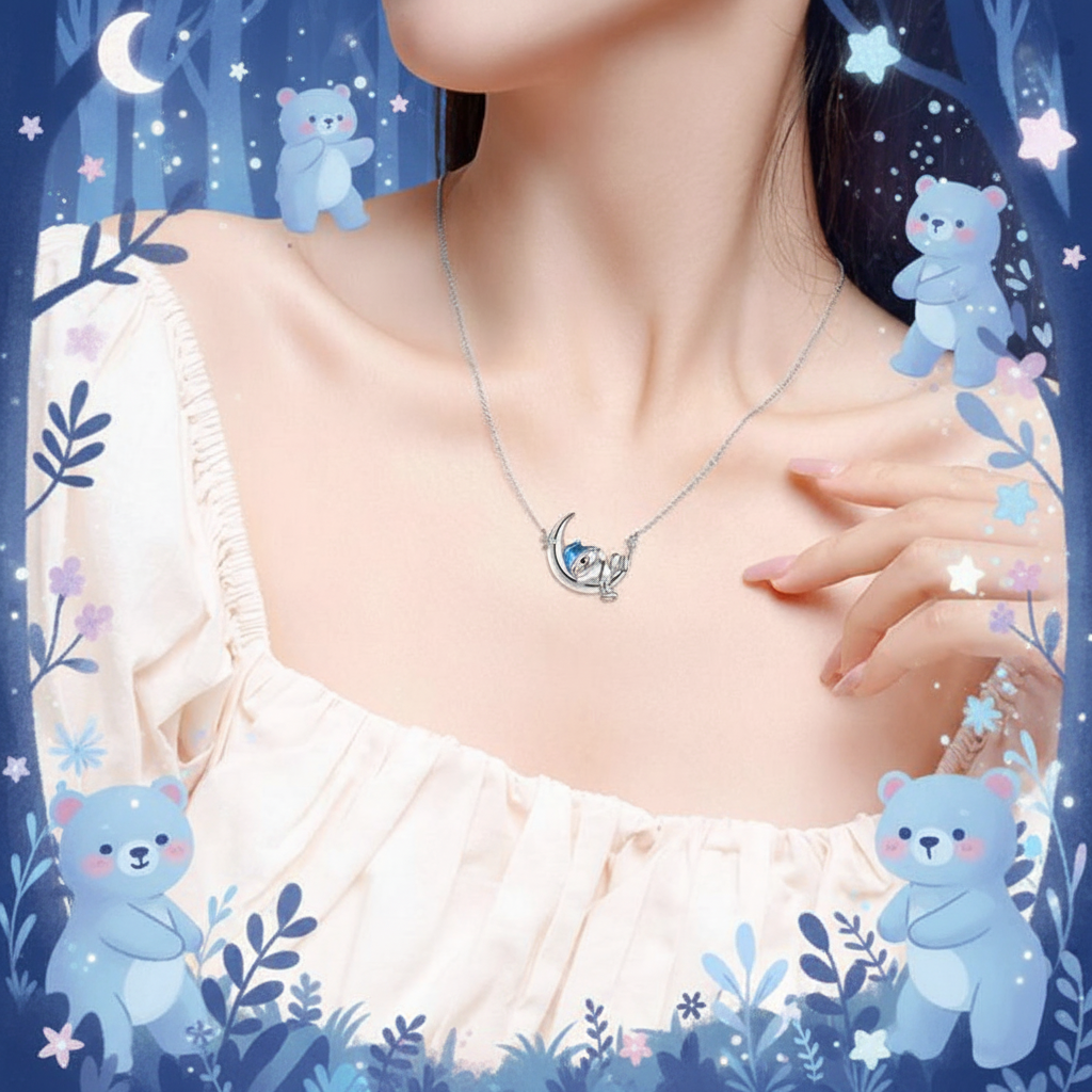 Sterling silver bear-moon pendant necklace on a fine chain
