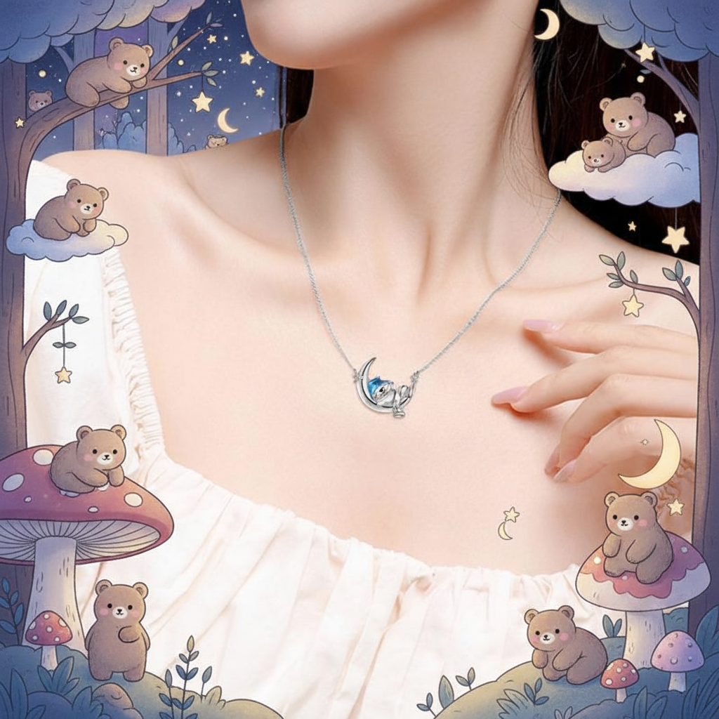 Sterling silver necklace with moon pendant and bear charm, thin chain