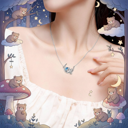 Sterling silver necklace with moon pendant and bear charm, thin chain
