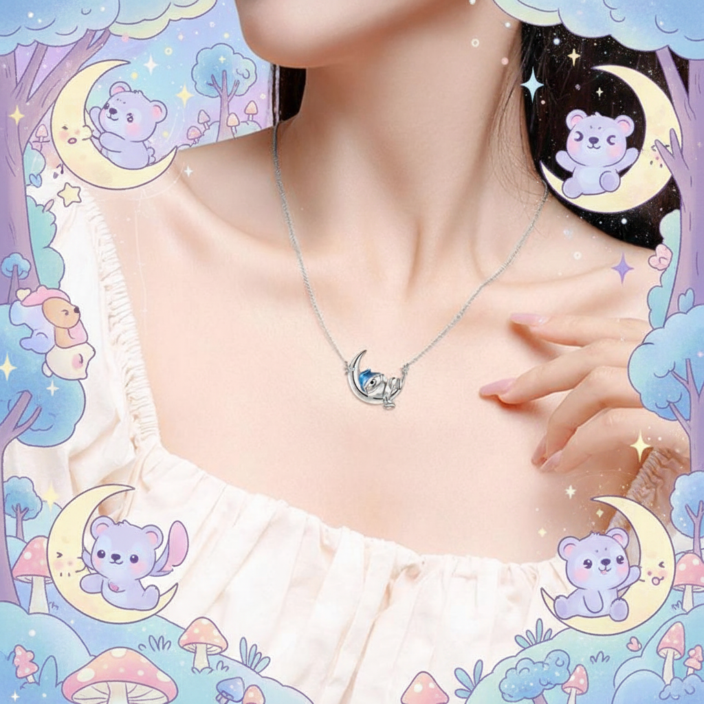 Sterling silver moon pendant necklace with bear charm on delicate chain