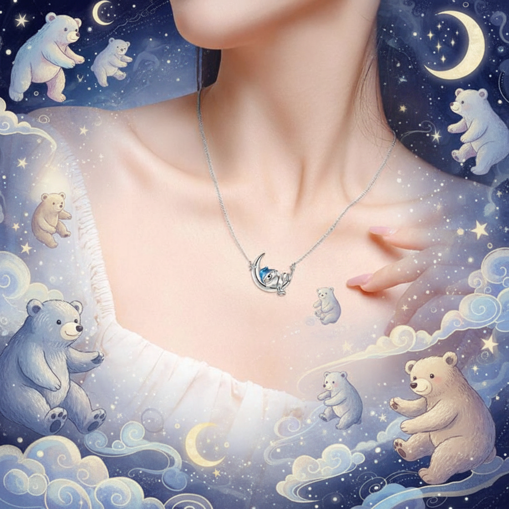Sterling silver necklace with moon pendant and bear charm, slim chain