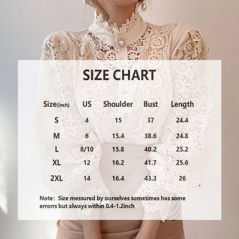 Elegant Women's Vintage Pearl Button Lace Blouse - Puff Sleeve Semi-Sheer Ruffled Stand Collar Shirt
