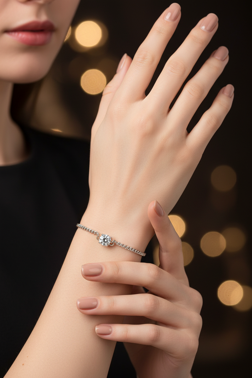 Silver diamond bracelet with round center stone on wrist, chain links visible