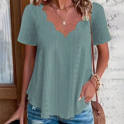 Women's Summer Scallop Trim V Neck Eyelet T-Shirt Short Sleeve Top Dressy Casual Tunic Blouses