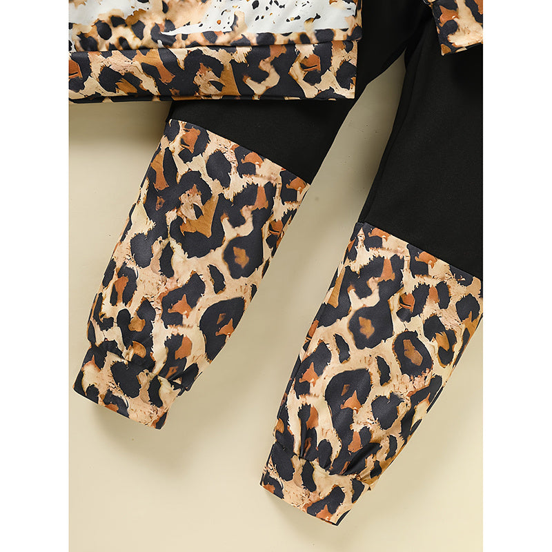 Toddler Girls Fall Winter Outfits Leopard Letter Print Crewneck Long Sleeve Sweatshirt Top & Sweatpants 2 Piece Clothing Set