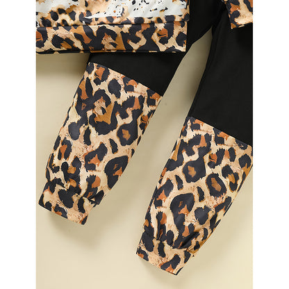 Toddler Girls Fall Winter Outfits Leopard Letter Print Crewneck Long Sleeve Sweatshirt Top & Sweatpants 2 Piece Clothing Set