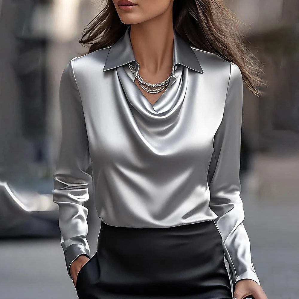 Women’s satin draped blouse with swing collar, long sleeves, silver/white color
