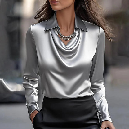 Women’s satin draped blouse with swing collar, long sleeves, silver/white color