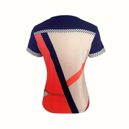 Women's Color Block Zipper T-Shirt, Casual Short Sleeve Summer Top