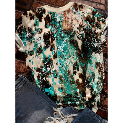 Women's Western Cowboy Print T-Shirt - Loose Fit Crew Neck Short Sleeve Tee, Color Block Design, Breathable Top