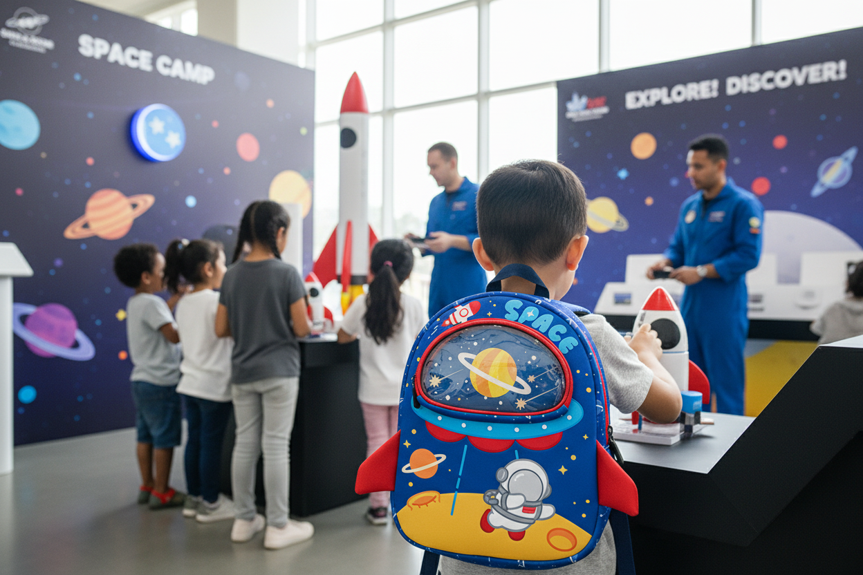 Kids blue astronaut backpack with large front astronaut window and space themed decals