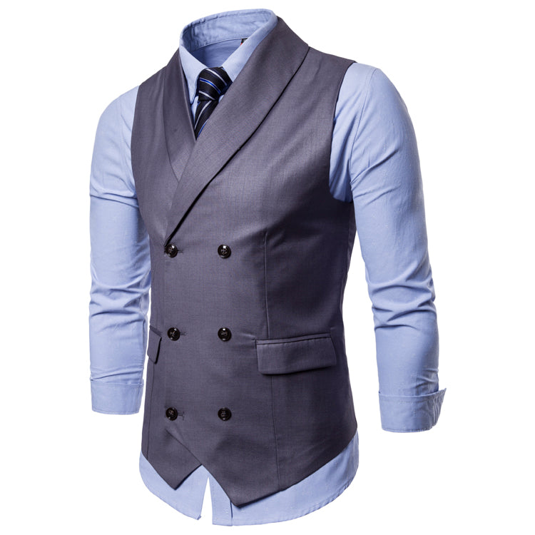 Men's double-breasted slim fit vest, grey with notched lapels and buttoned breast pockets