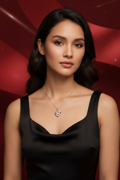 Silver heart pendant necklace set on a fine chain, centered on neckline